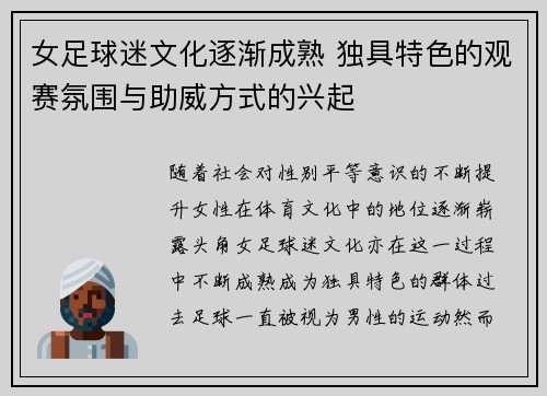 女足球迷文化逐渐成熟 独具特色的观赛氛围与助威方式的兴起